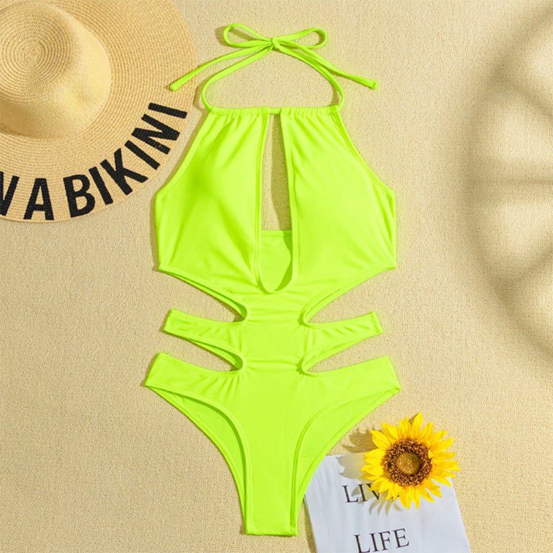 Multicolor Solid Color Retro Halter Beach One-piece Swimsuit