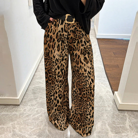 Stylish Casual And Chic Leopard-print Womens Retro Straight-leg Loose Pants
