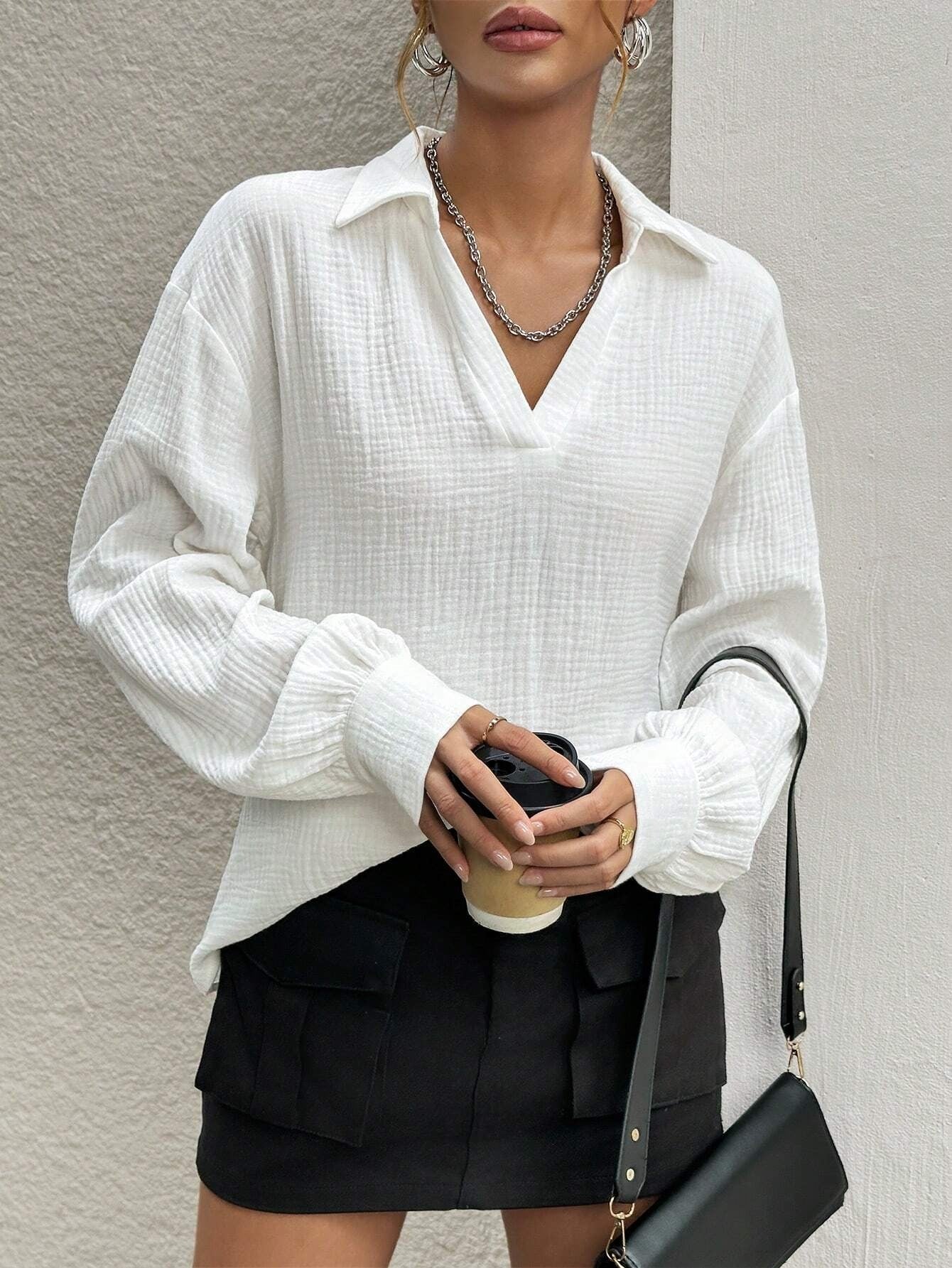 Women's Casual Collar Half Checkered Long Sleeved Shirt