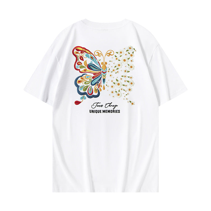 Kortærmet T-shirt Sommerfugl Lysskiftende Broderi Kinesisk Stil