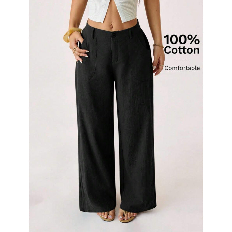 New Cotton-linen Womens Mid-rise Casual Commuter Wide-leg Pants