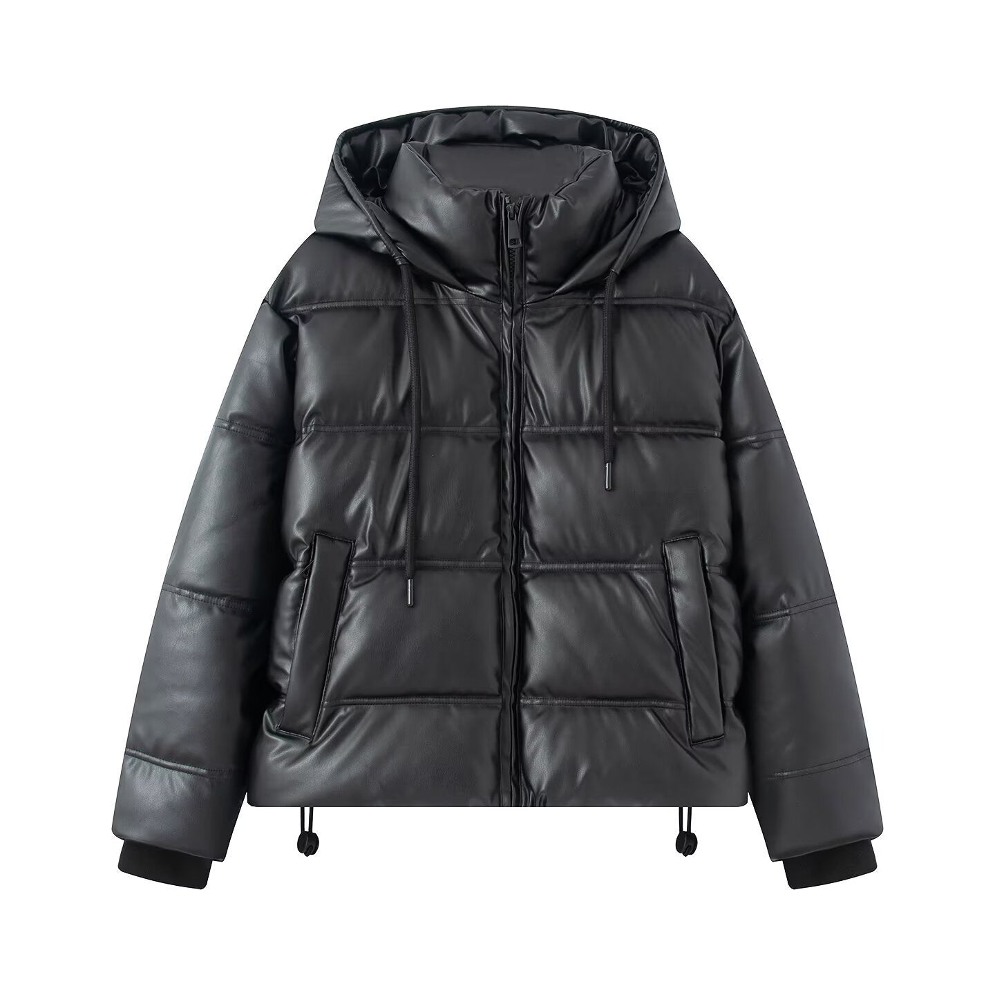 Thickened Warm Hooded Faux Leather Padded Cotton Coat For Women