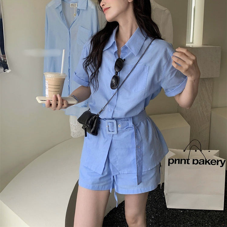 Lapel Short-sleeve Shirt And High-waisted Figure-flattering Shorts Set