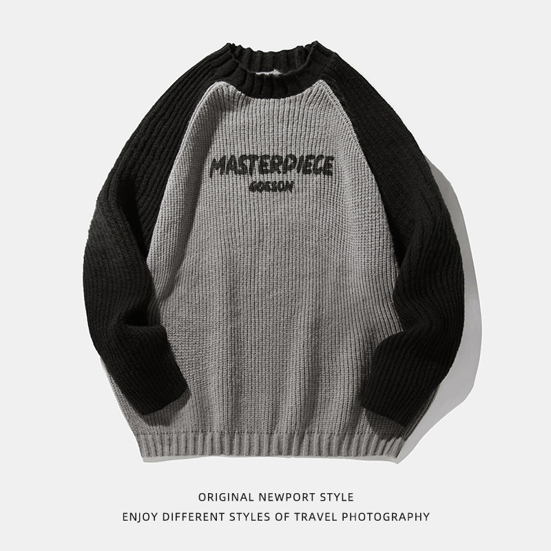 Raglan Sleeve Color Contrast Patchwork Design Sweater Thick Needle Texture American Letters