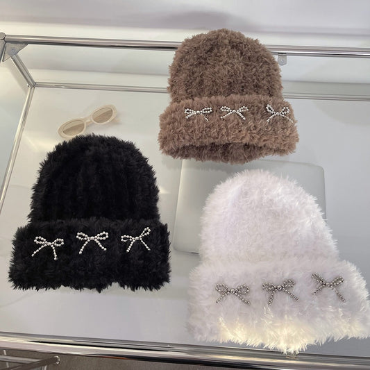 Autumn And Winter Thick Warm Soft Glutinous Knitted Bow Plush Bonnet For Women