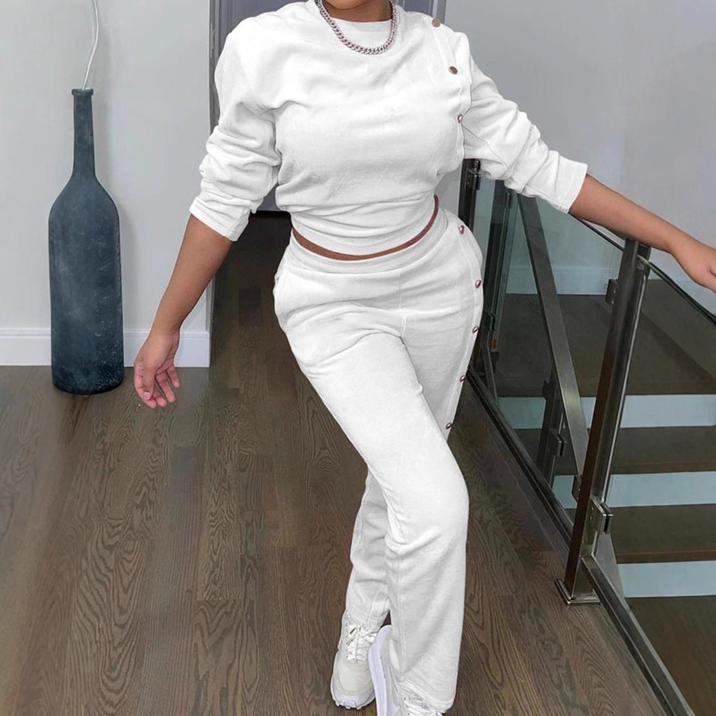 Stylish Casual Sweatshirt Set With Side Button Detailing