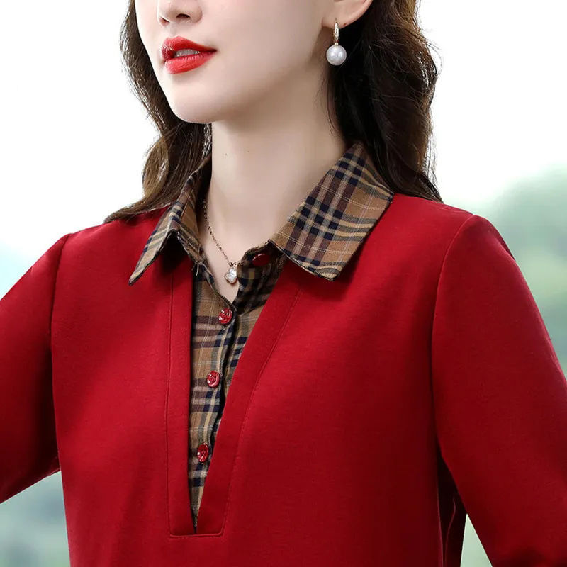 Autumn Fashion Patchwork Plaid Layered Slim-fit Top New Versatile Simple Fake Two-piece Stylish Long Sleeve