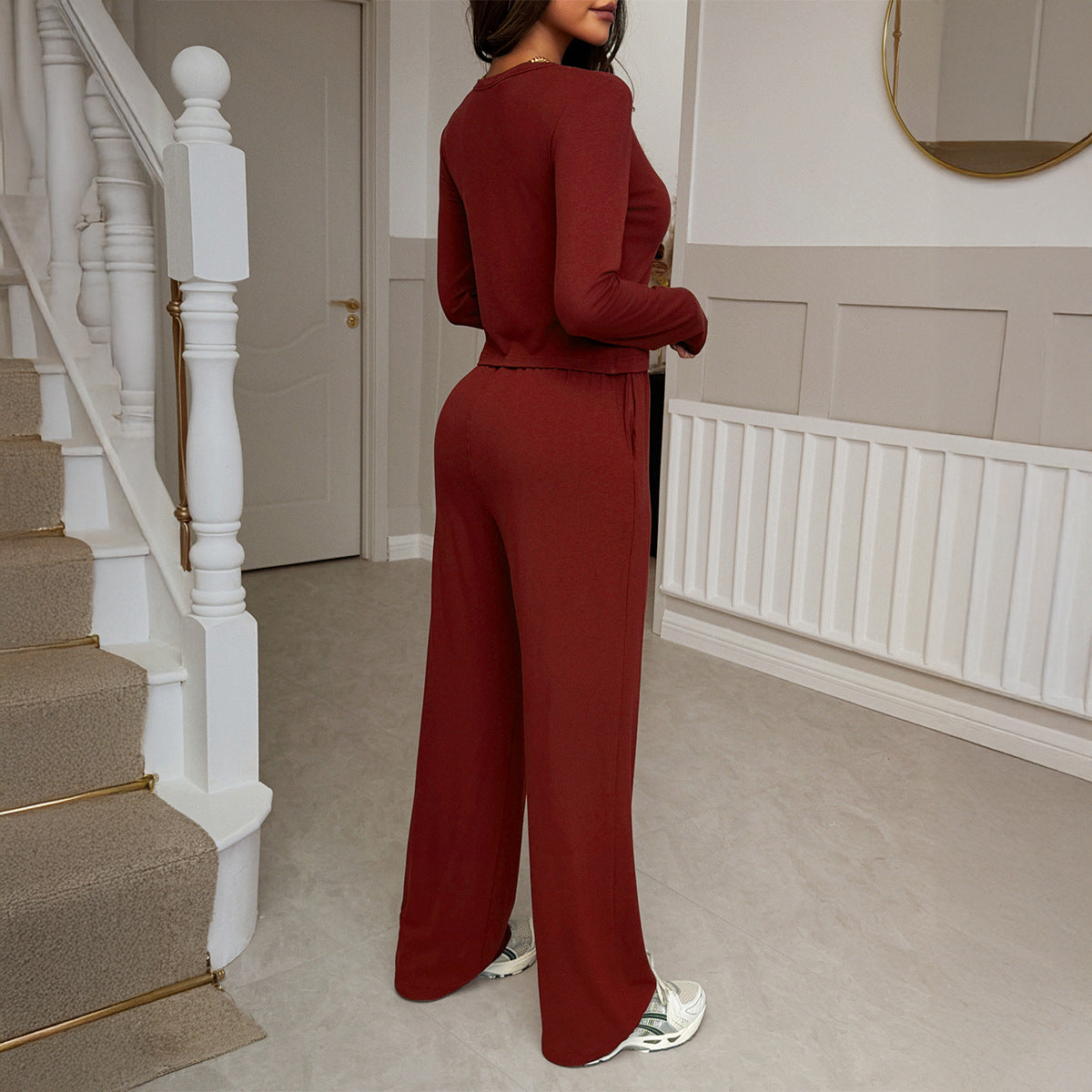 Resort-style Sweater Shirt And Long Pants Set