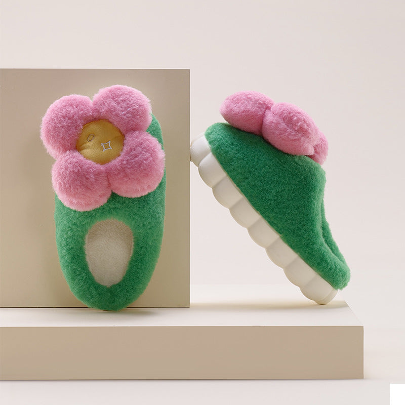 Winter Flower Cotton Slippers Women's Thick Soles Cute Plus Velvet To Keep Warm