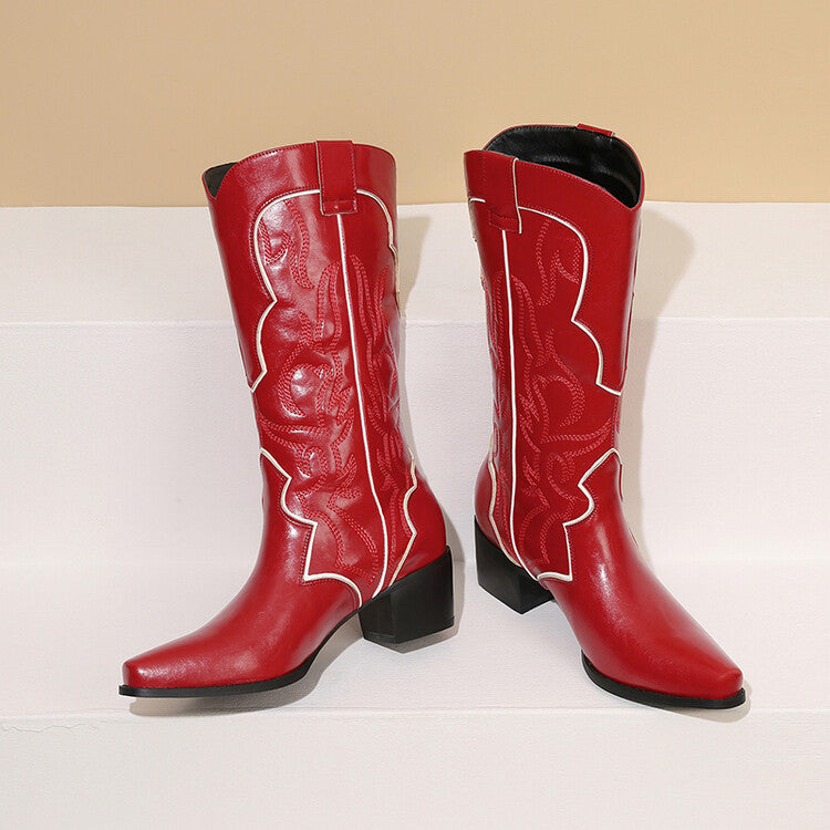 Pointed-toe Red Embroidered Knee-high Boots Chunky Heel