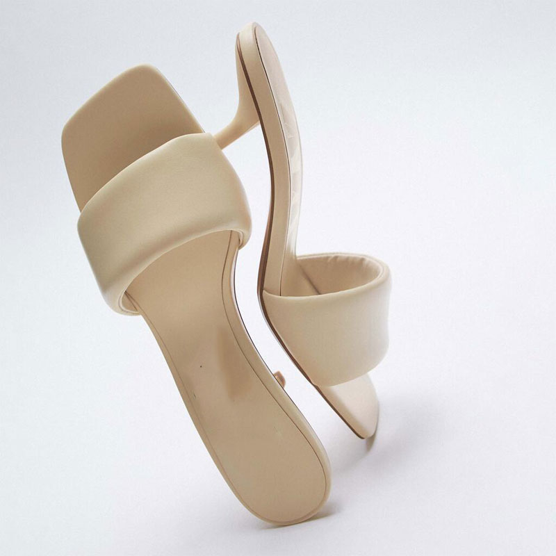 Nude Square Toe Sheep Leather High-heeled Sandals Stiletto Slippers