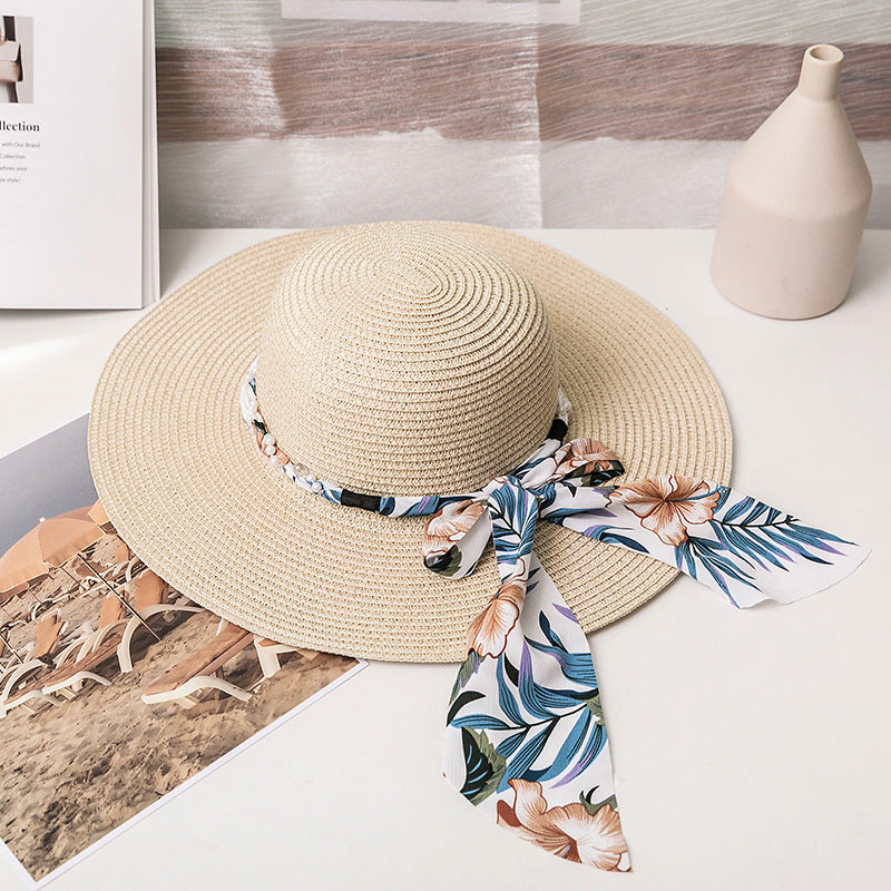 Bow Ribbon Broad-brimmed Hat Silk Scarf Straw Woven Vacation Sun Protection Folding Straw Hat