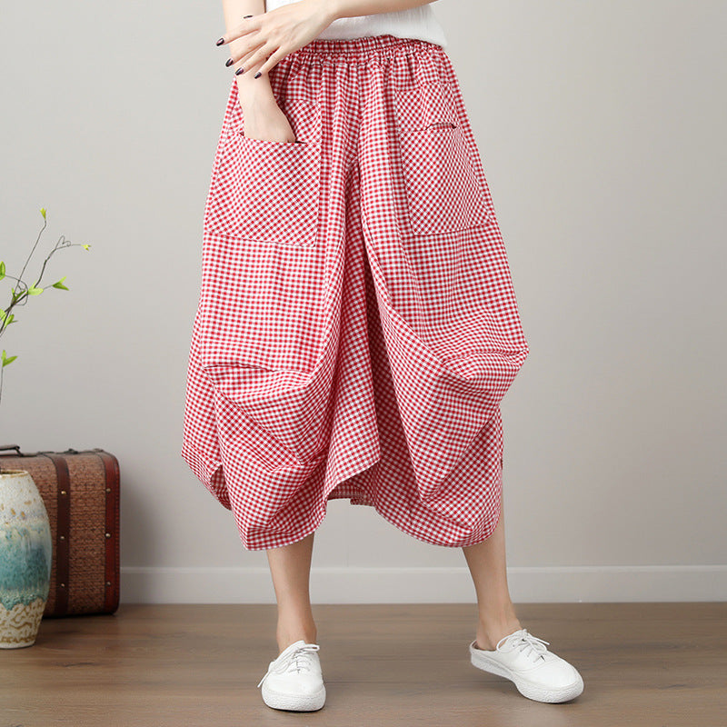 Loose Cotton Linen Plaid Elastic Waist Lantern Skirt