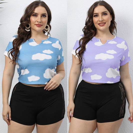 Plus-size Women's White Cloud Print Short Ribbed Top Casual Short Sleeve Crop T-shirt