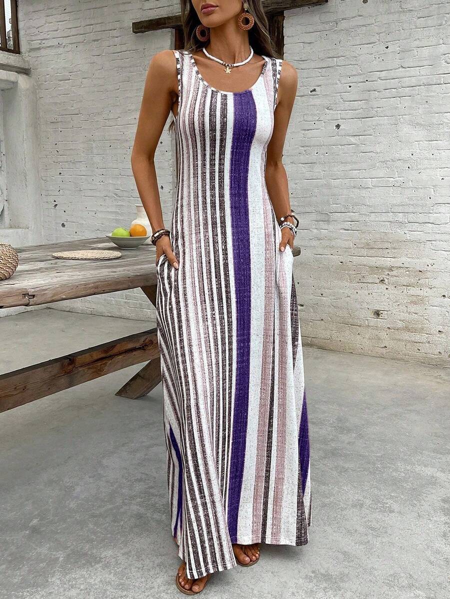 Womens European And American-style Striped Sleeveless Long Dress