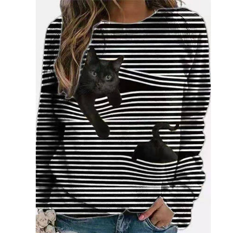 Cartoon Pattern Round Neck Stripe Long Sleeve T-shirt 3D