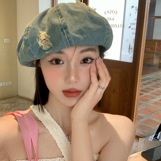 Korean Retro Make Old Ripped Denim Beret