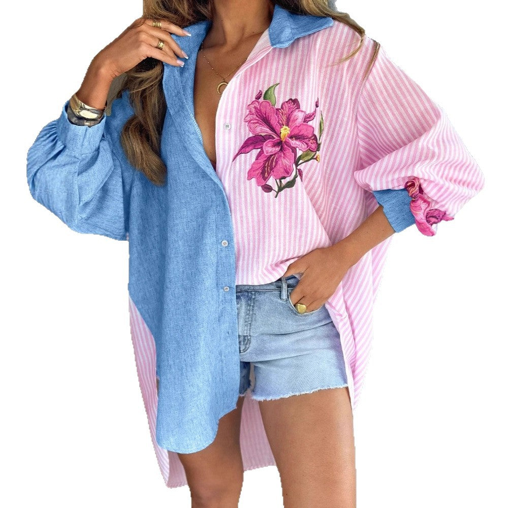 Temperament Floral Print Lapel Stripe Shirt Front Short Back Long Loose Casual Versatile Top
