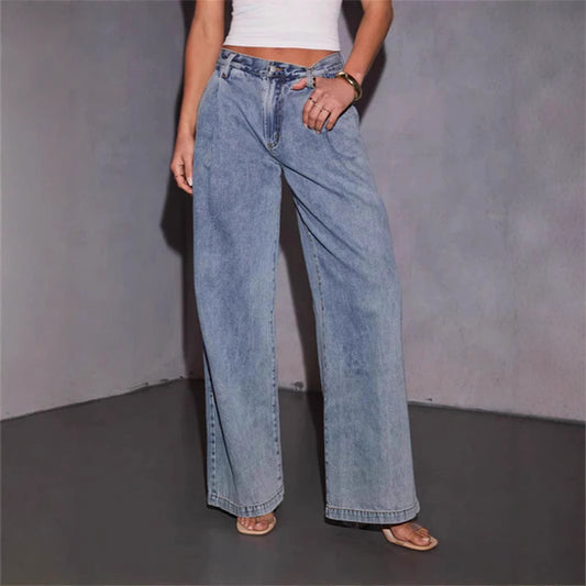 Slimming And Straight Versatile Retro Draping Mid-waist Wide-leg Jeans