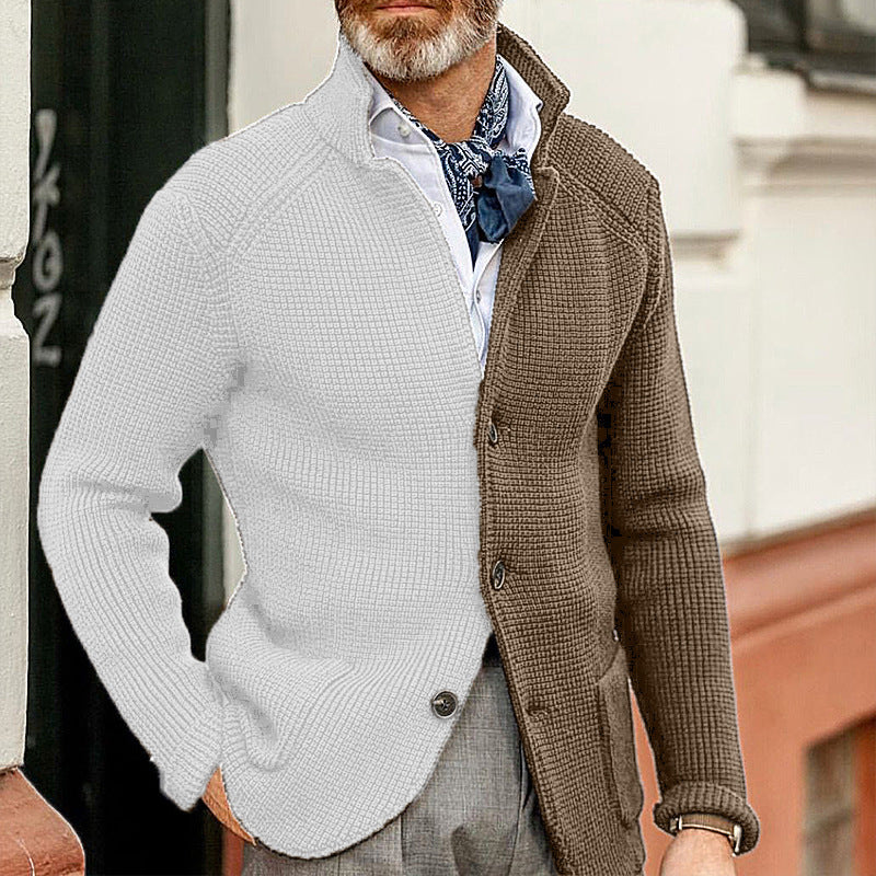 Color Blocked Slim Stand Collar Long Sleeve Knitted Coat