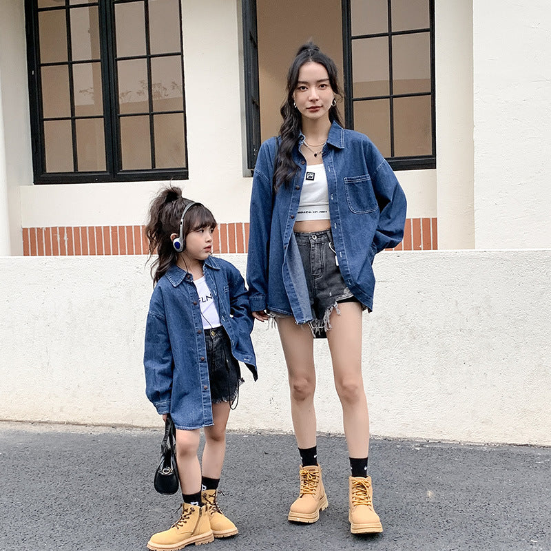 Denim Skjortesæt til Forældre og Børn i Koreansk Vintage-stil
