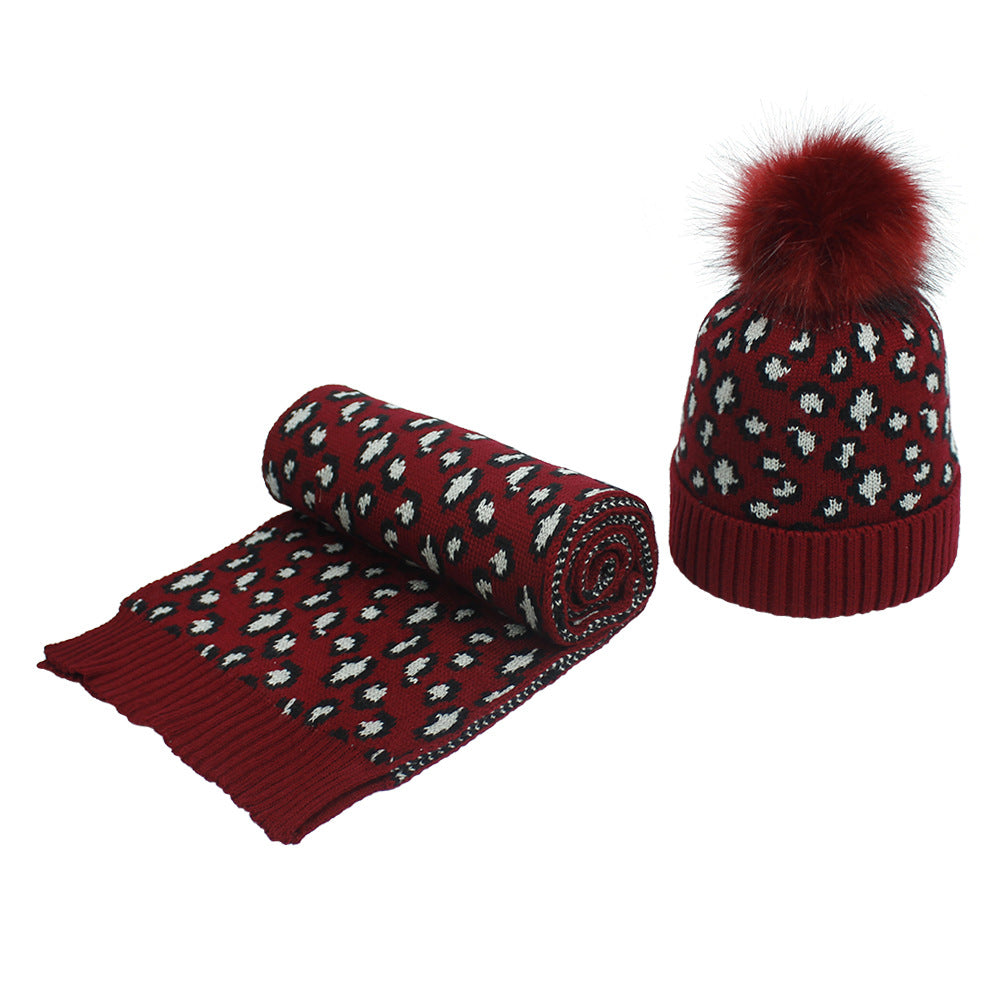 Women's Autumn And Winter Leopard Print Hair Ball Hat Scarf Set