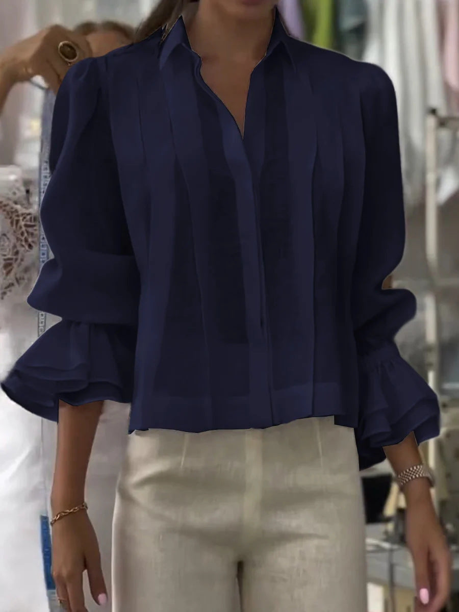 Pleated Solid Color Stitching Short Sleeve Shirt