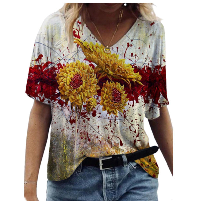Butterfly Print Short Sleeve V-neck Ladies Loose