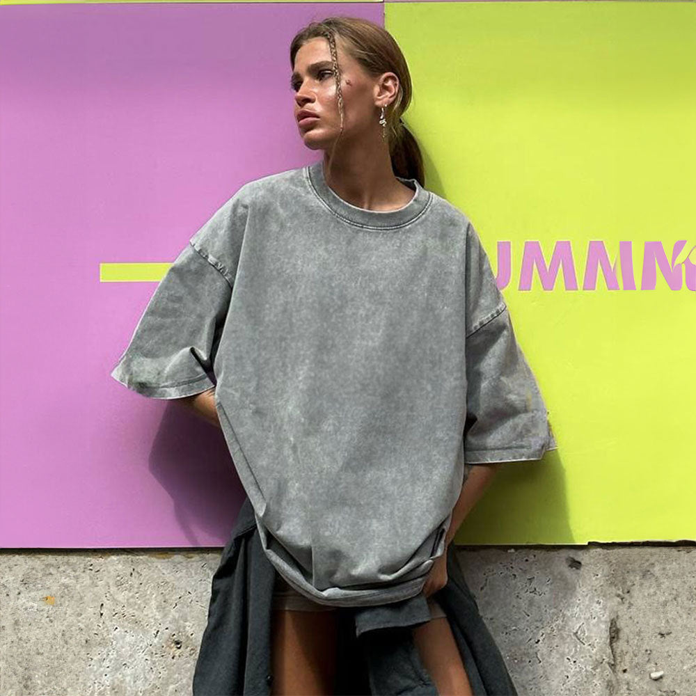 Washed Old Short-sleeved T-shirt European And American Relaxed Casual Round Neck