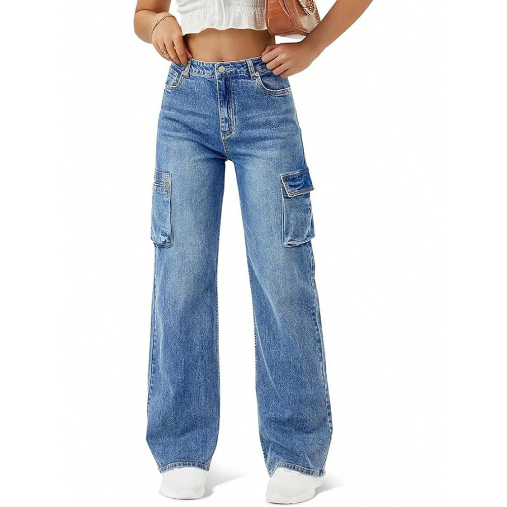 Stilfulde, unikke denimjeans med lige ben med klap og overdimensionerede lommer