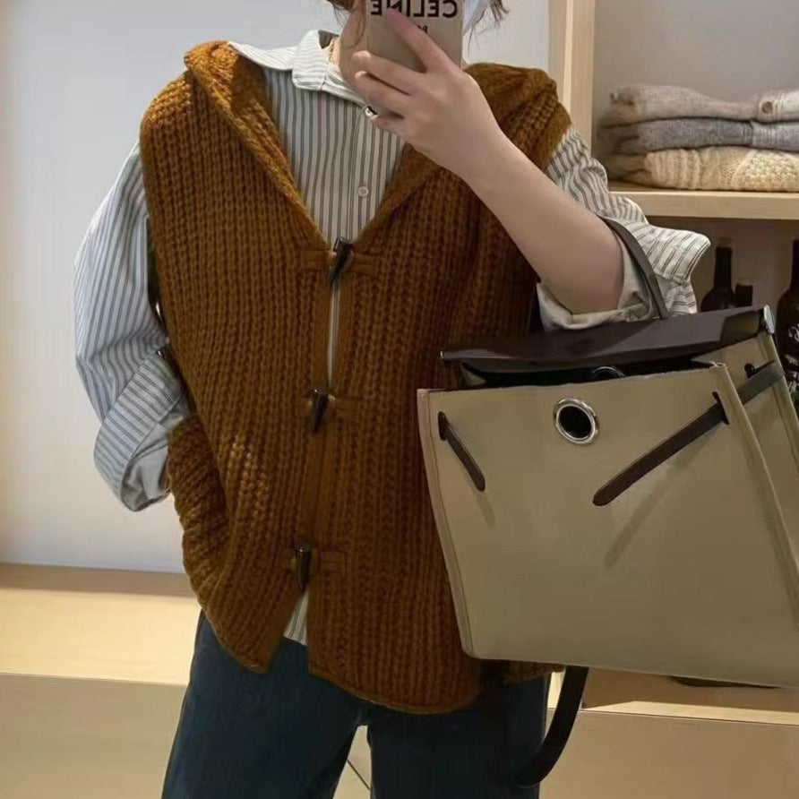 Solid Color Thick Needle Hooded Vest Knitted Cardigan