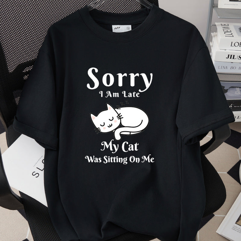 Stylish Cotton Short-Sleeve T-Shirt With A Cat Print