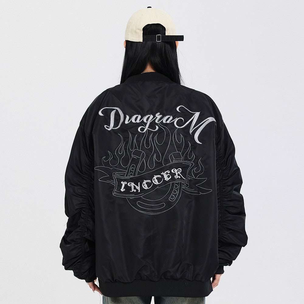 High Street Design Flame Embroidery Letters Baseball Uniform Jacket