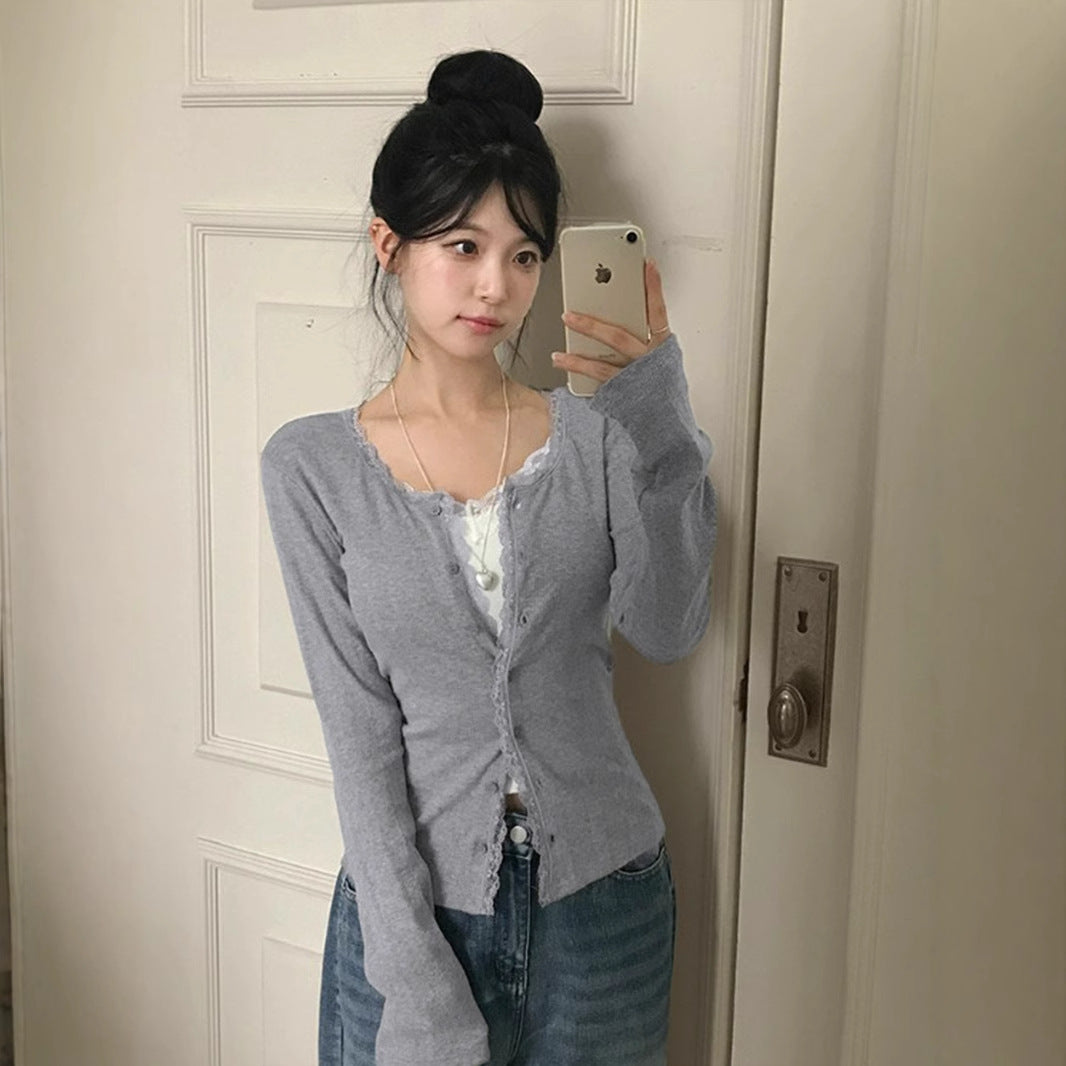 Women's Lace Stitching Light Long Sleeve Knitted Coat