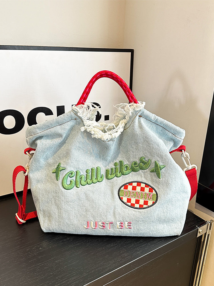 Women's Large Capacity Embroidered Denim Shoulder Bag