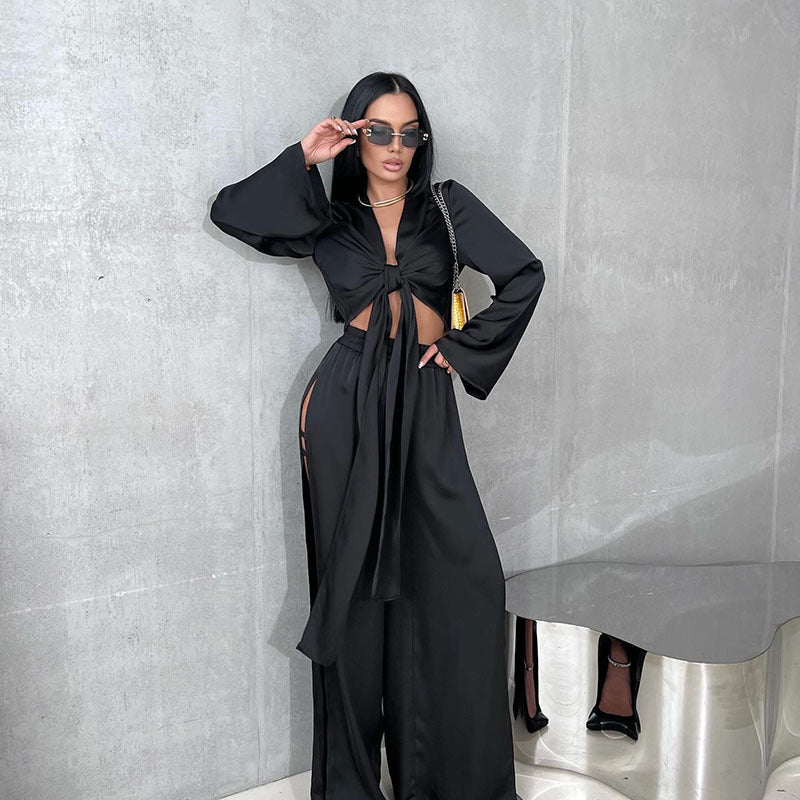 Womens Fashion Set Long-Sleeve Tie-Neck Top With Hollowed-Out Design And Slit-Edge Pants