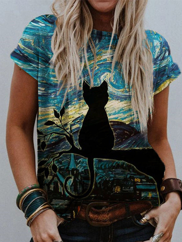 European And American Women's Pullover V-neck Digital Print Top