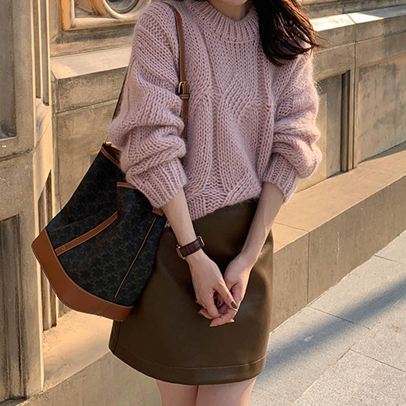 Round Neck Large Hemp Flowers Thick Needle Knitted Sweater