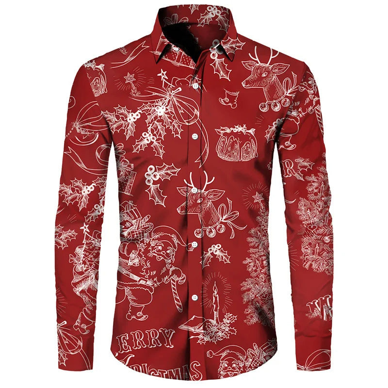 Funny Christmas Theme Digital 3D Printing Men's Button Lining Casual Long Sleeve