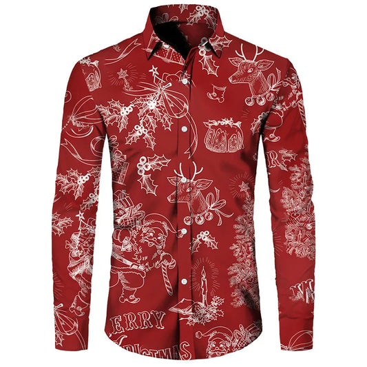 Funny Christmas Theme Digital 3D Printing Men's Button Lining Casual Long Sleeve