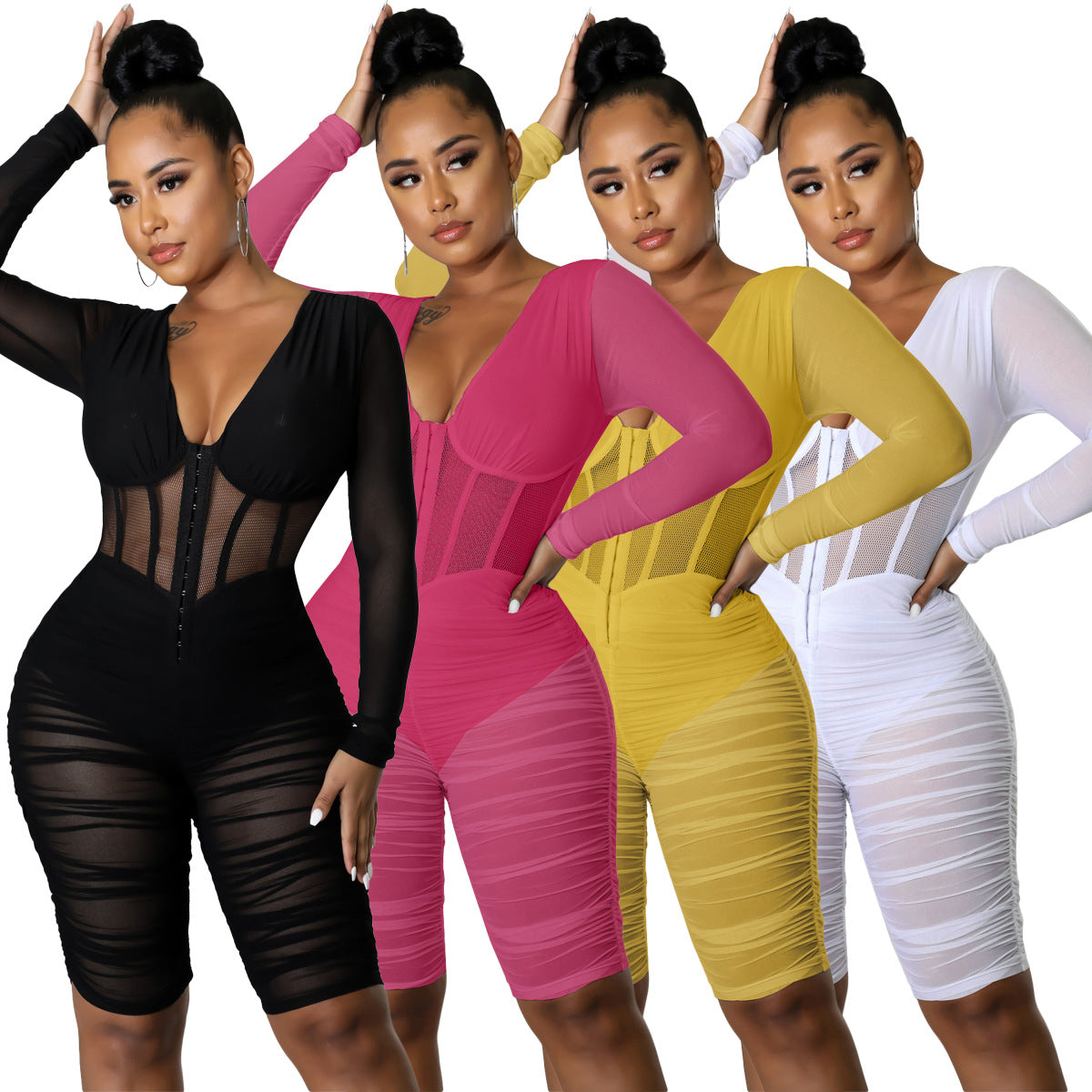 Mesh Panel Pleated Chest Wrap Casual Jumpsuit