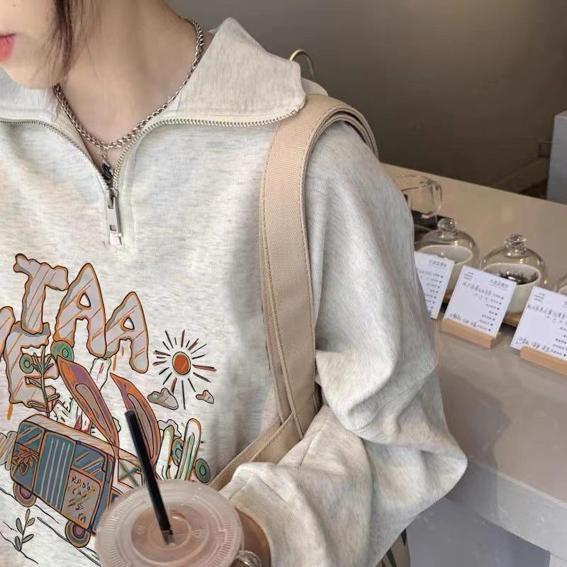 Halv Lynlås Sweater Løs og Afslappet Polo Krave Top