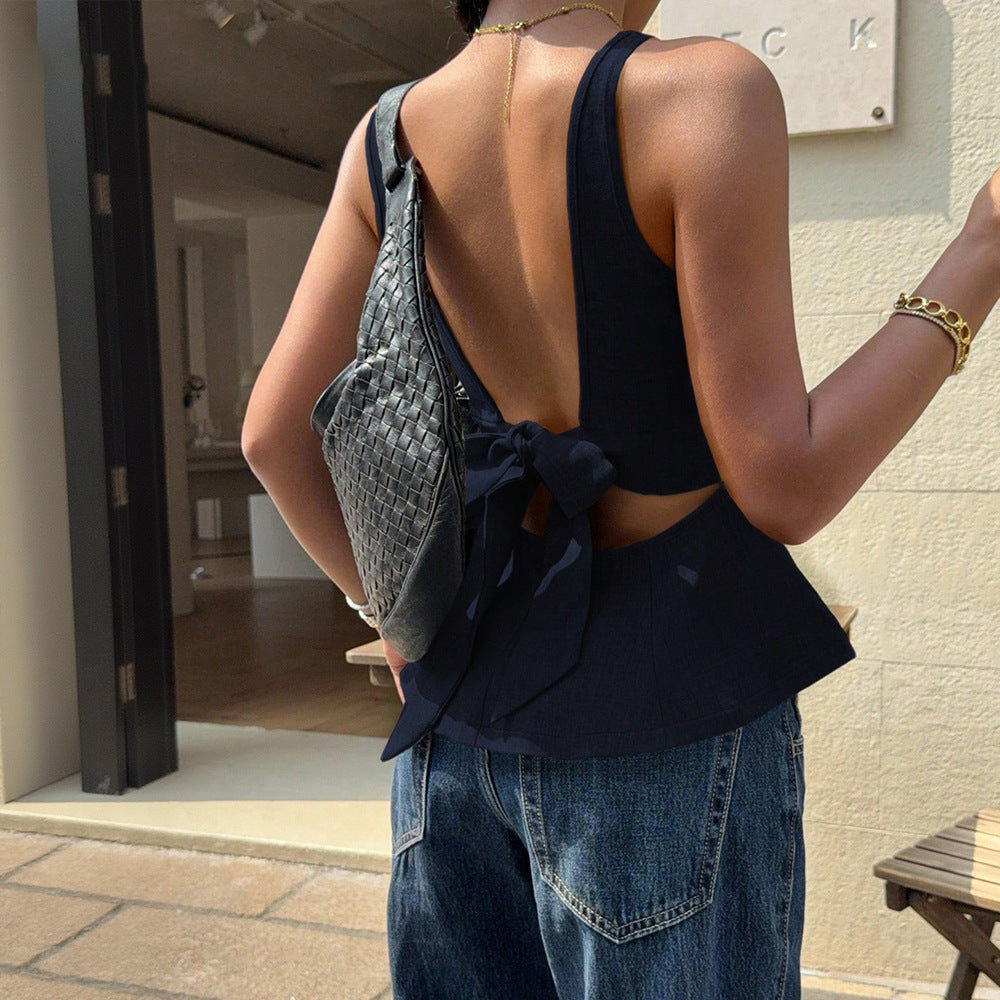 Womens Backless Bow-Tie-Neck Sleeveless Waist-Cinching Top