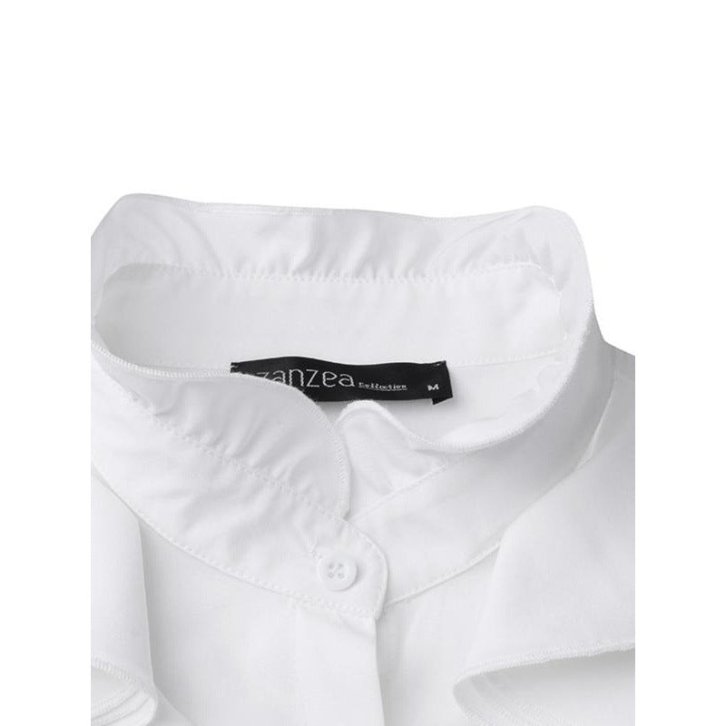 Women's Solid-Colored Ruffle-Trimmed Button-Front Shirt
