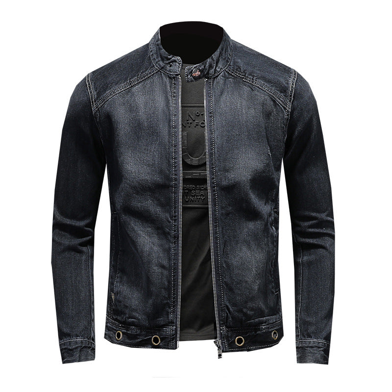 Men's Stand-up Collar Dark Blue Motorcycle Vintage Zipper Denim Coat