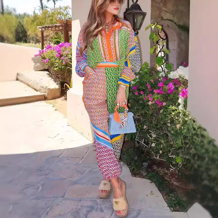 Printed Casual Trousers Shirt Tops Suit