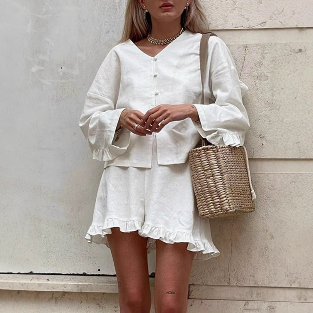Fashionable Ruffle-Trim Shorts Casual Set