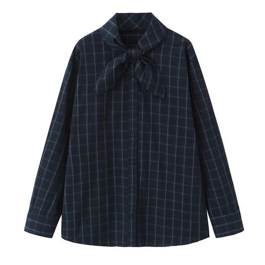 Womens Plaid Poplin Shirt With Scarf-Like Necktie