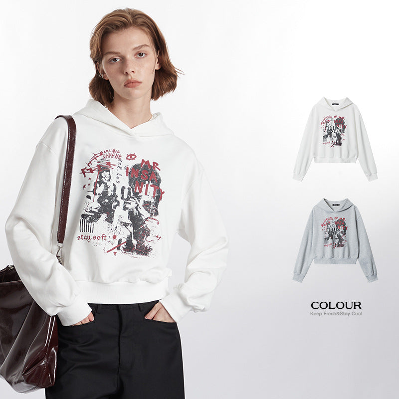 Letter Printed Hoodie Women's Retro Hooded Short