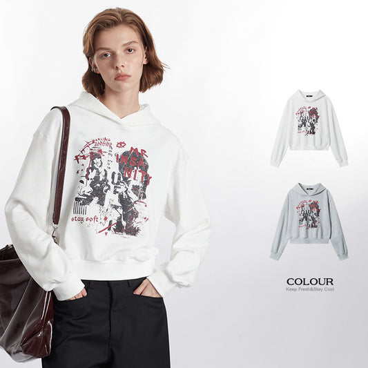 Letter Printed Hoodie Women's Retro Hooded Short